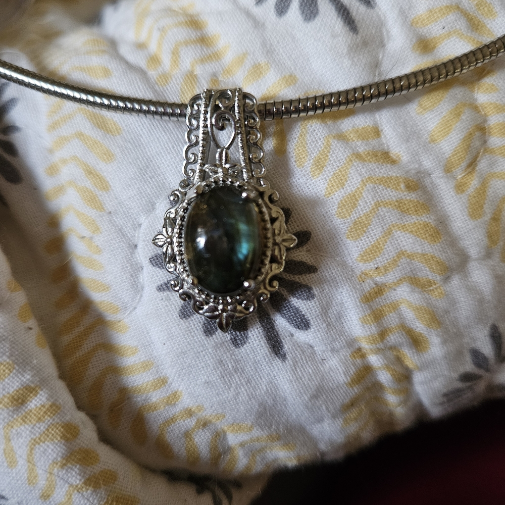 Elegant Silver Pendant With Labrodite Stone.  Pendant Platinum Plated